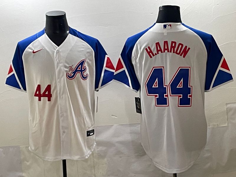 Men 2025 Atlanta Braves #44 H.Aaron White blue City Edition Nike MLB Jersey style 3